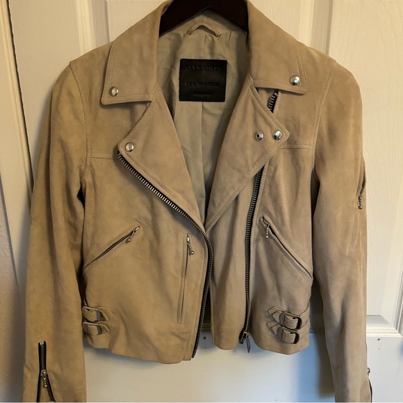 Allsaints Tan Prescott Suede Biker Leather Moto Jacket in Dove Grey, 4 S - Picture 5 of 9